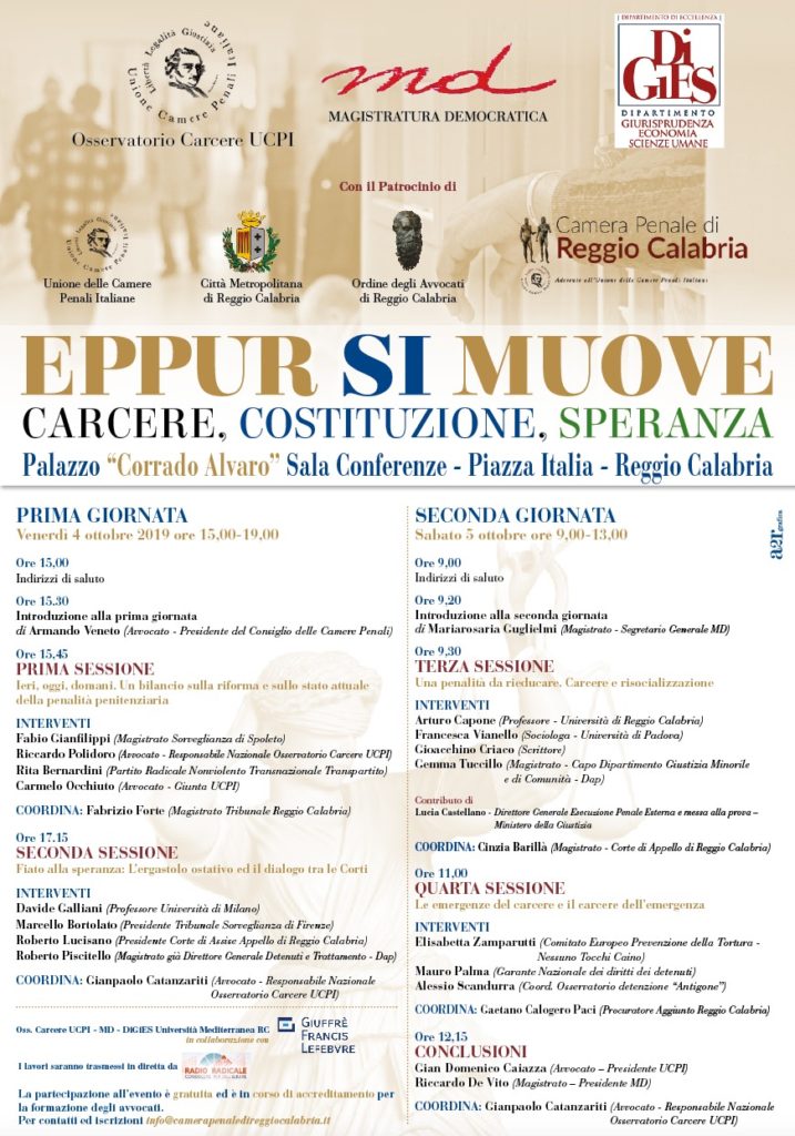 ‘Eppur si muove: Carcere, Costituzione, Speranza’ – Reggio Calabria, 4.5-10-2019