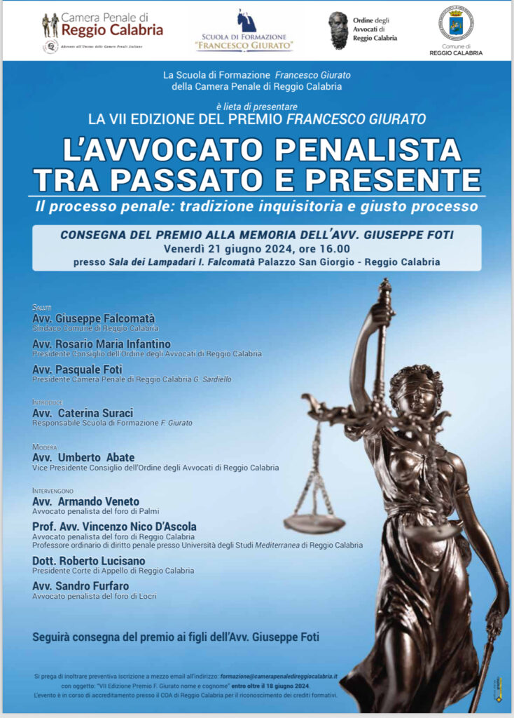 VII Edizione Premio Francesco Giurato – Conferimento del premio alla memoria dell’Avv. Giuseppe Foti